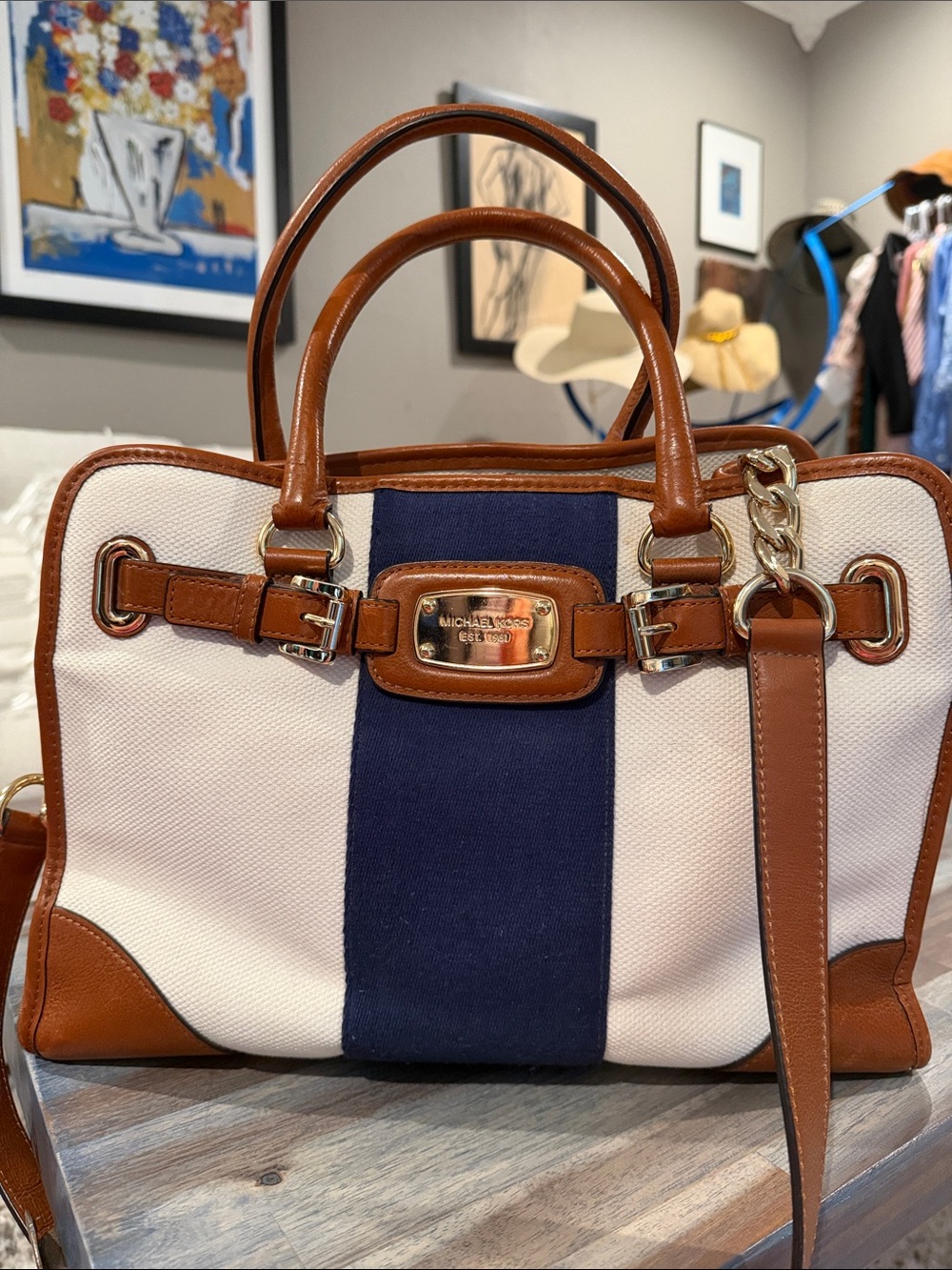 Michael Kors White Canvas Satchel with Navy Center Stripe and Brown Leather Trim